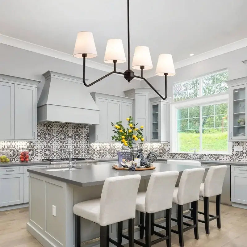 industrial style black metal chandelier with white shades living room