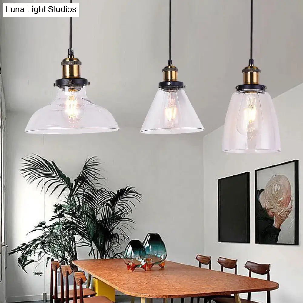 Industrial style brass clear glass hanging lamps dining room 3 light