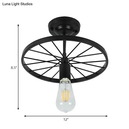 Industrial black bicycle wheel semi flush mount light dining room