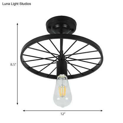 Industrial black bicycle wheel semi flush mount light dining room
