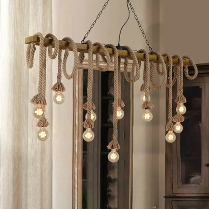Industrial wood beige island chandelier dining room rope pendant light