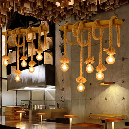 Industrial wood beige island chandelier dining room rope pendant light