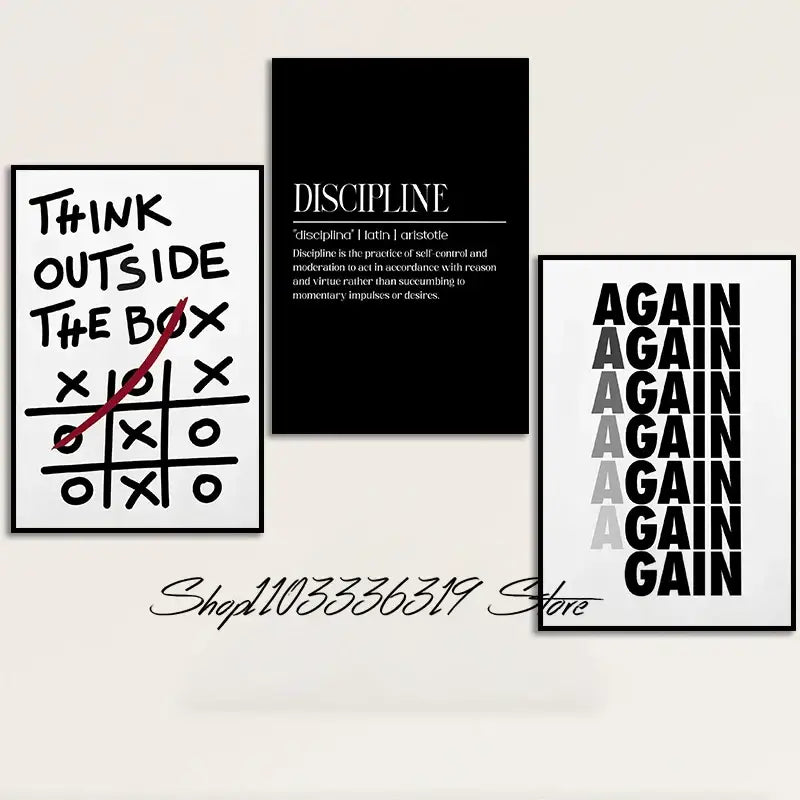 Minimalist black & white inspirational discipline art set living room