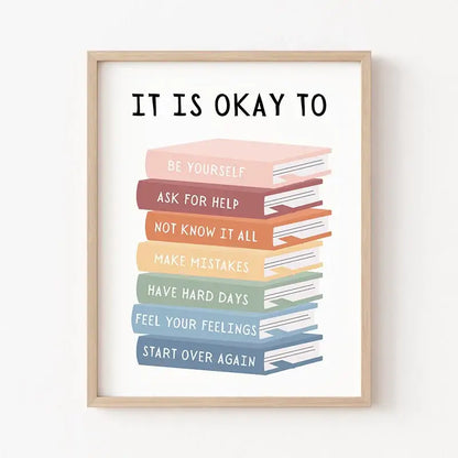Minimalist colorful book stack quote poster office wall art
