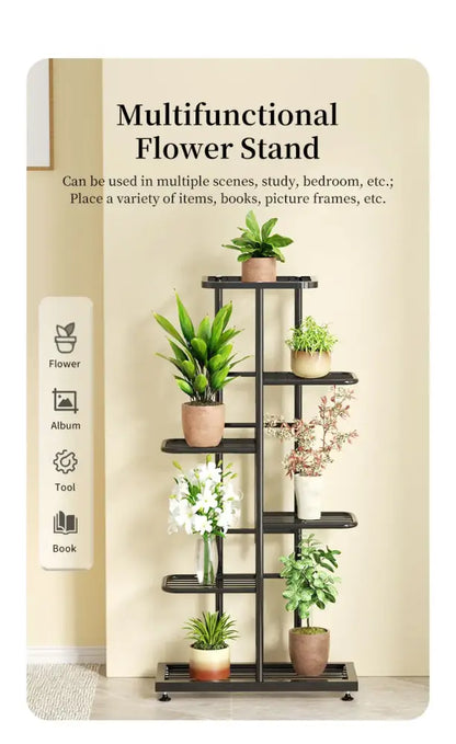 Modern black & white tiered iron plant stand living room shelves