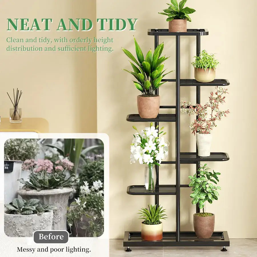 Modern black & white tiered iron plant stand living room shelves