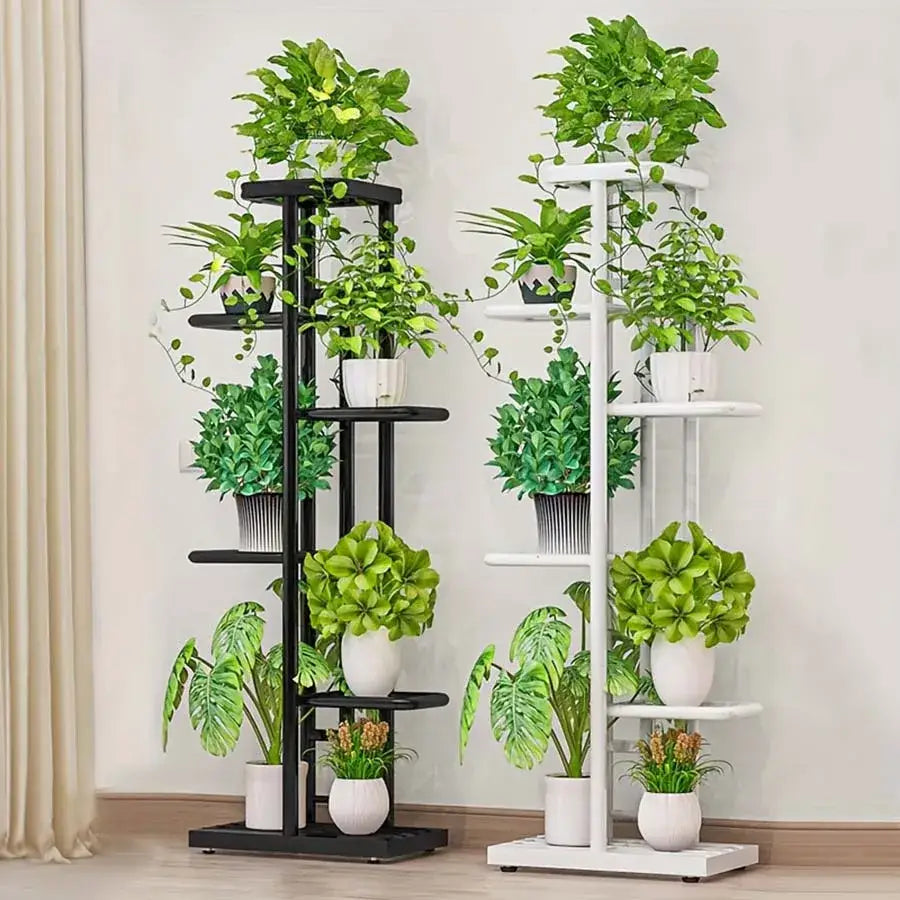 Modern black & white tiered iron plant stand living room shelves