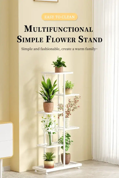 Modern black & white tiered iron plant stand living room shelves