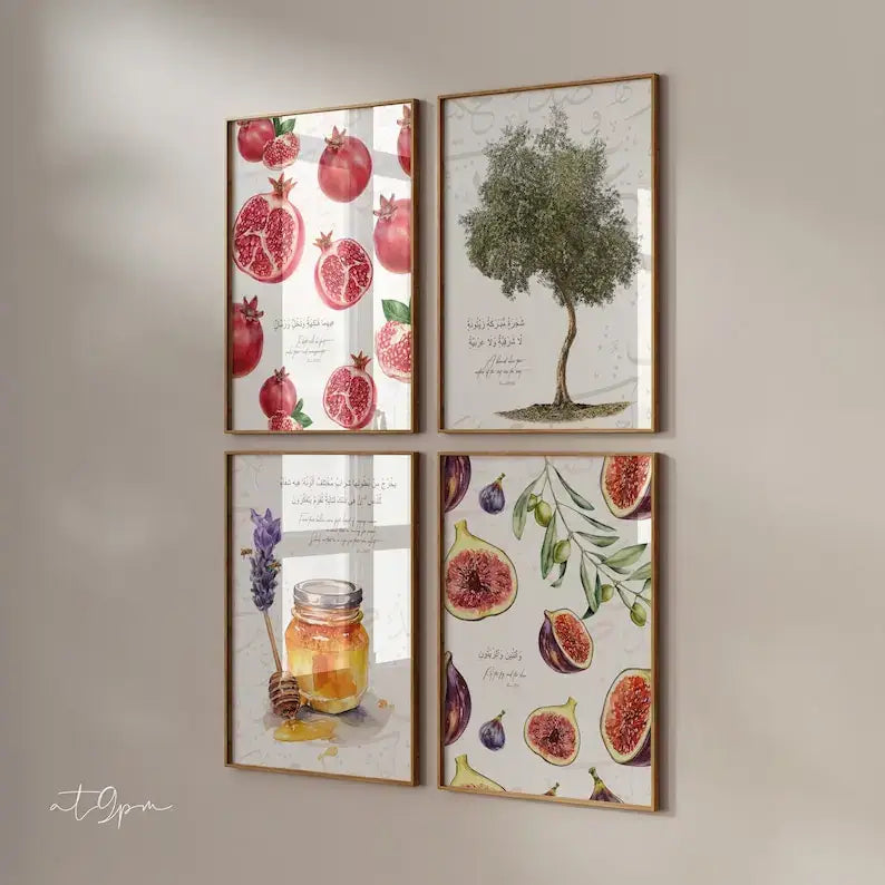 Botanical watercolor islamic art posters set kitchen wall decor