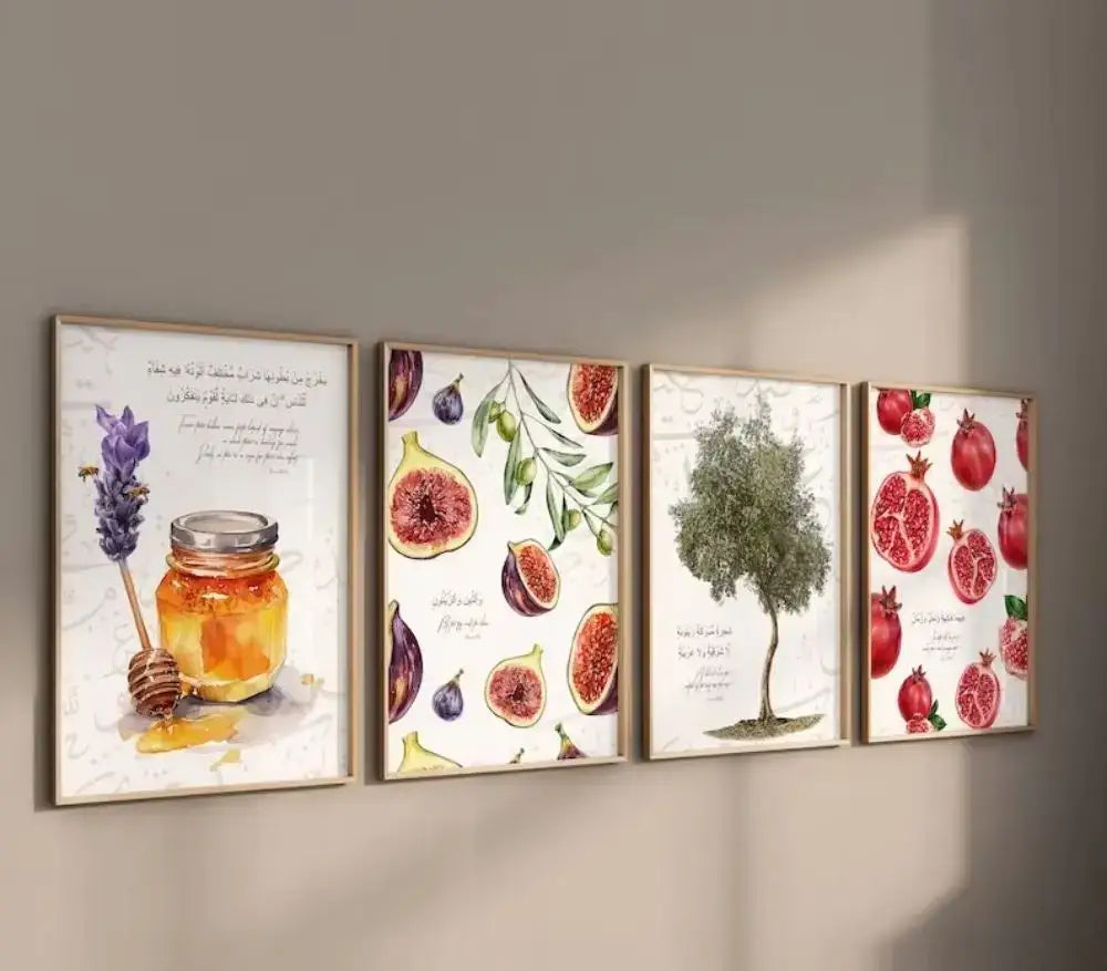 Botanical watercolor islamic art posters set kitchen wall decor
