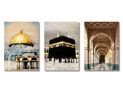 Gold and gray ayatul kursi islamic wall art set living room decor