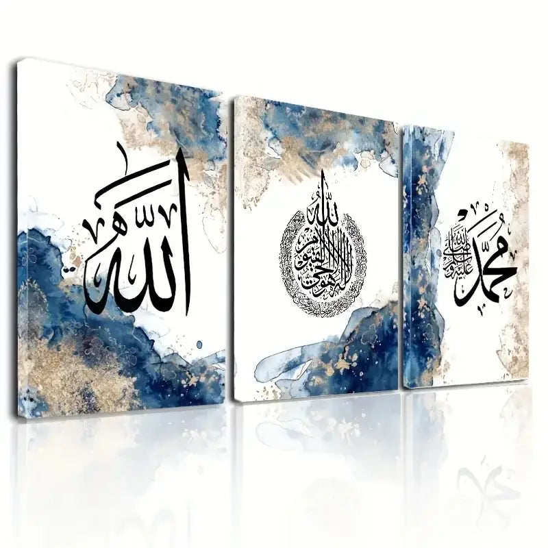 Modern blue & gold arabic calligraphy wall art set living room