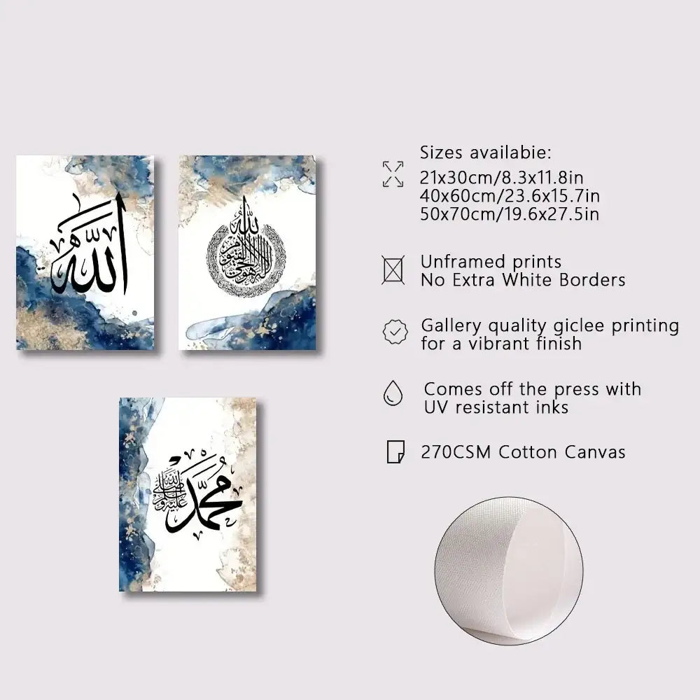 Modern blue & gold arabic calligraphy wall art set living room