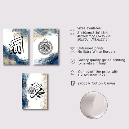Modern blue & gold arabic calligraphy wall art set living room