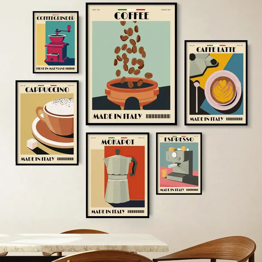Vintage italian espresso coffee set of 6 framed kitchen wall art