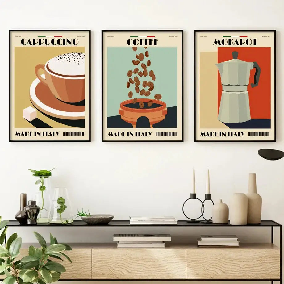Vintage italian espresso coffee set of 6 framed kitchen wall art