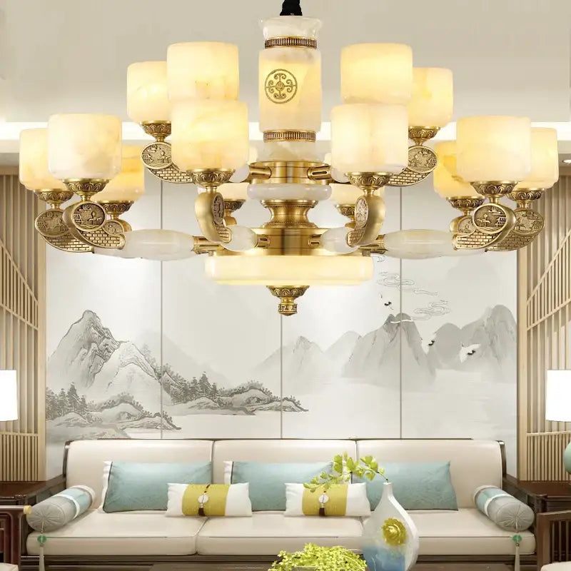 jade copper chandelier for living room with opal glass shades
