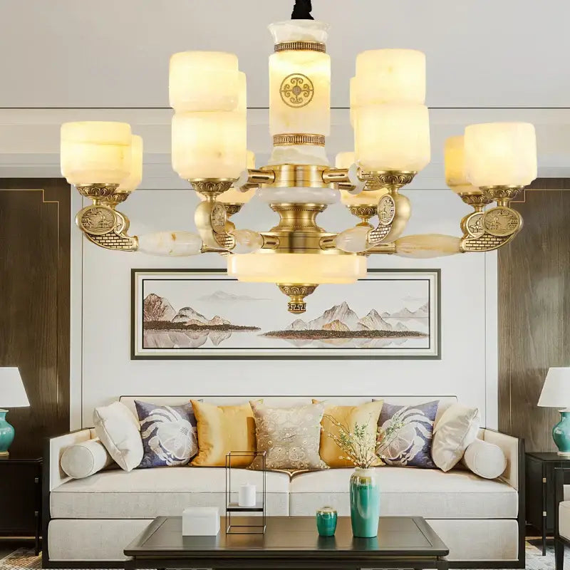 jade copper chandelier for living room with opal glass shades