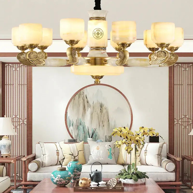 jade copper chandelier for living room with opal glass shades