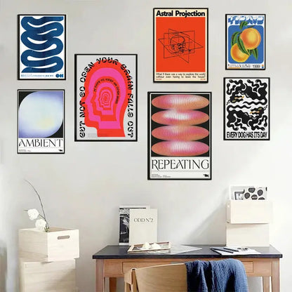 Abstract blue wave sequence pink oval canvas print living room art