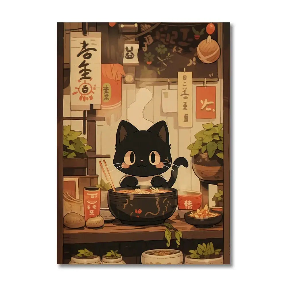 Kawaii japanese ramen cat canvas wall art kitchen decor