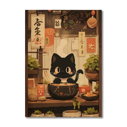 Kawaii japanese ramen cat canvas wall art kitchen decor