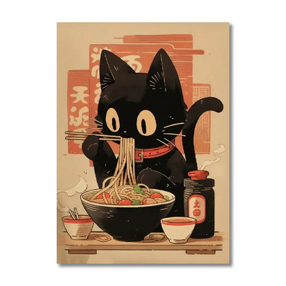 Kawaii japanese ramen cat canvas wall art kitchen decor