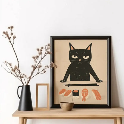 Kawaii japanese ramen cat canvas wall art kitchen decor