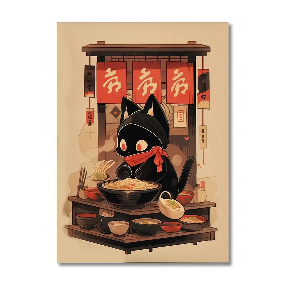 Kawaii japanese ramen cat canvas wall art kitchen decor