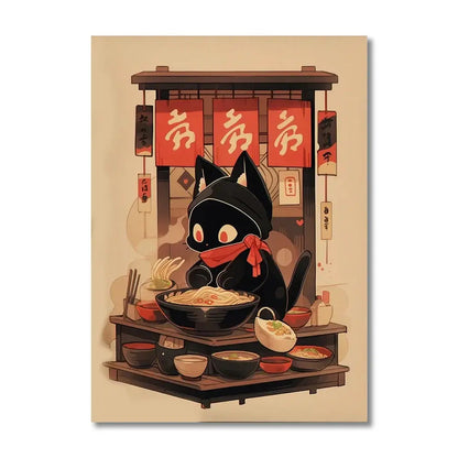 Kawaii japanese ramen cat canvas wall art kitchen decor
