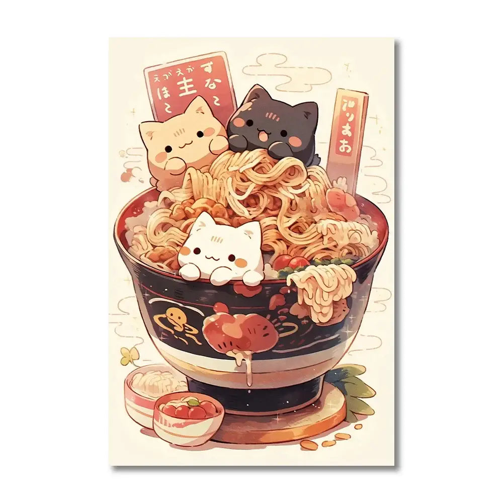 Kawaii japanese ramen cat canvas wall art kitchen decor