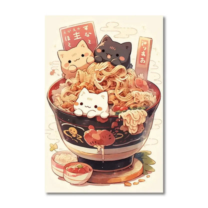 Kawaii japanese ramen cat canvas wall art kitchen decor