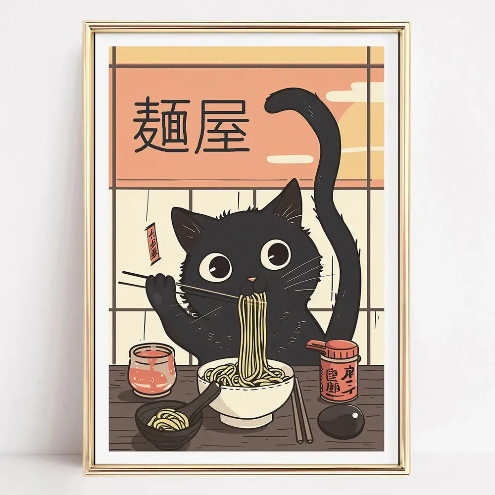 Kawaii japanese ramen cat canvas wall art kitchen decor