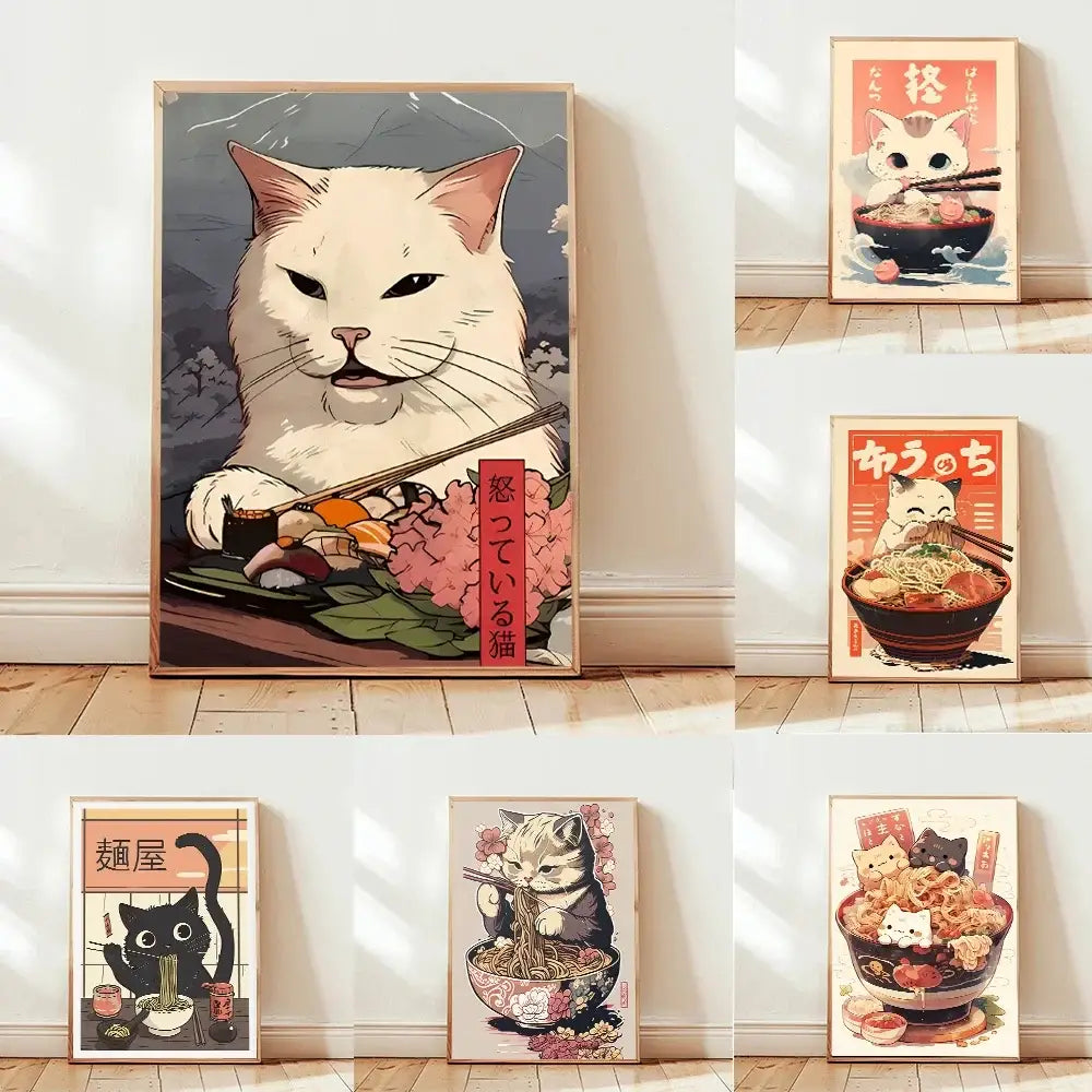 Kawaii japanese ramen cat canvas wall art kitchen decor