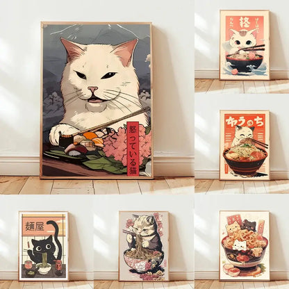 Kawaii japanese ramen cat canvas wall art kitchen decor