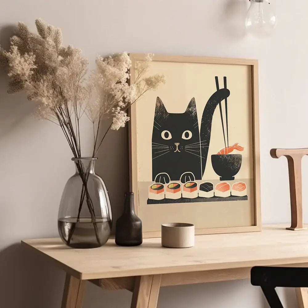 Kawaii japanese ramen cat canvas wall art kitchen decor