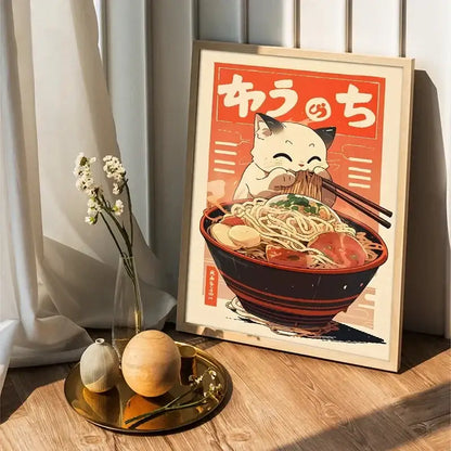 Kawaii japanese ramen cat canvas wall art kitchen decor