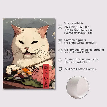 Kawaii japanese ramen cat canvas wall art kitchen decor