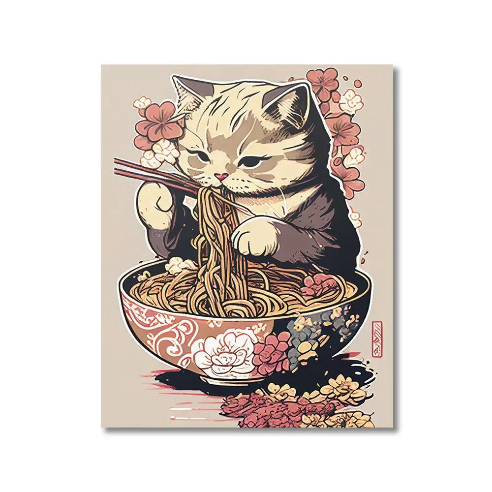 Kawaii japanese ramen cat canvas wall art kitchen decor