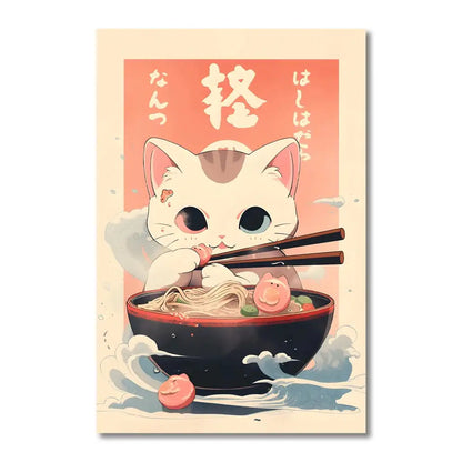 Kawaii japanese ramen cat canvas wall art kitchen decor