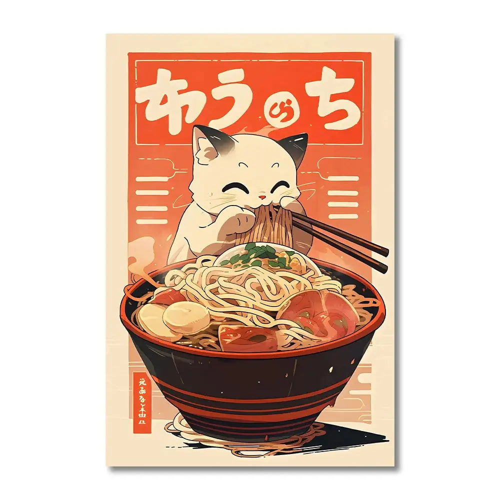 Kawaii japanese ramen cat canvas wall art kitchen decor