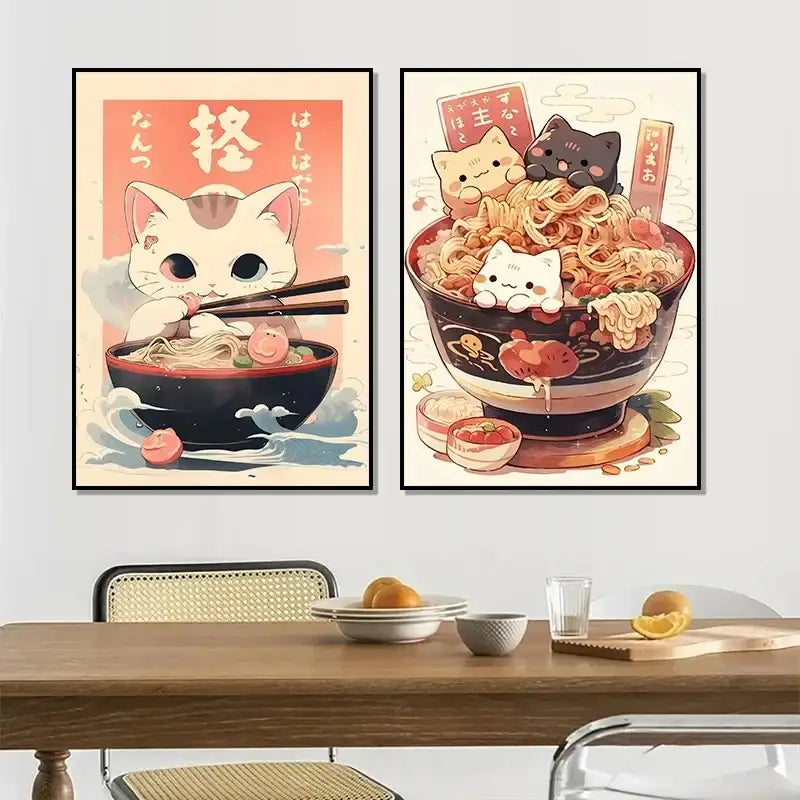 Kawaii japanese ramen cat canvas wall art kitchen decor