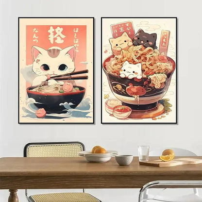 Kawaii japanese ramen cat canvas wall art kitchen decor
