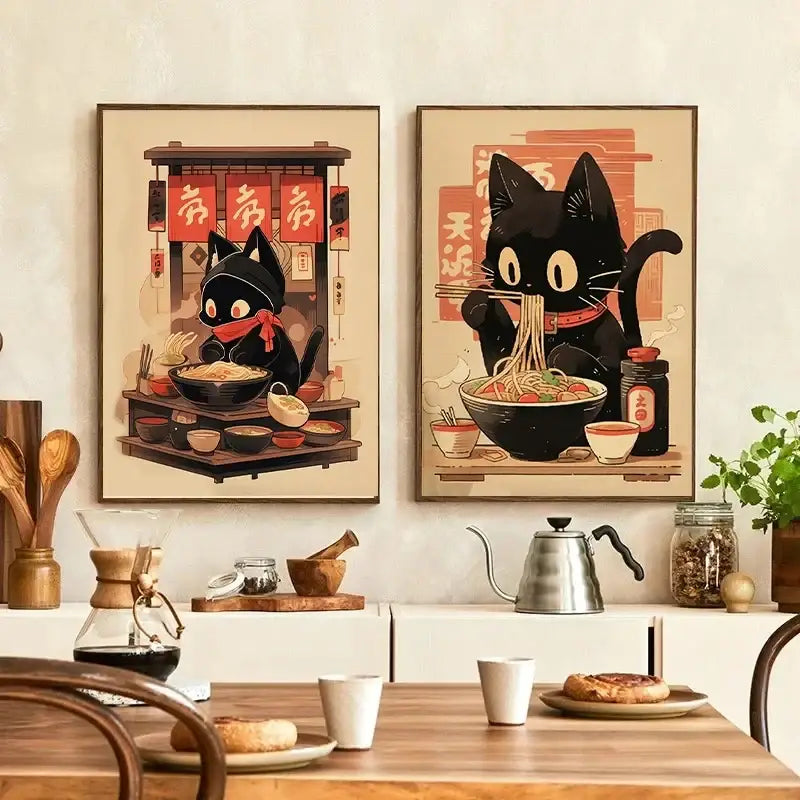 Kawaii japanese ramen cat canvas wall art kitchen decor