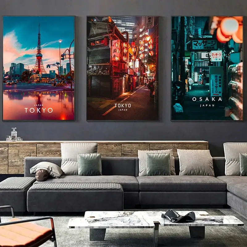 Japanese city landscape canvas set 9 piece living room wall art