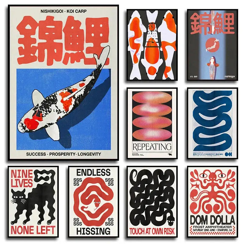 Abstract japanese koi cat red snake canvas print living room wall art