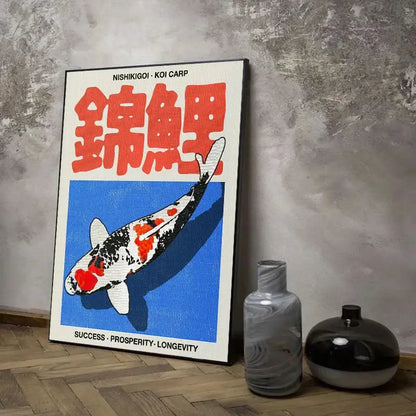 Japanese koi cat wall art blue and red canvas living room decor