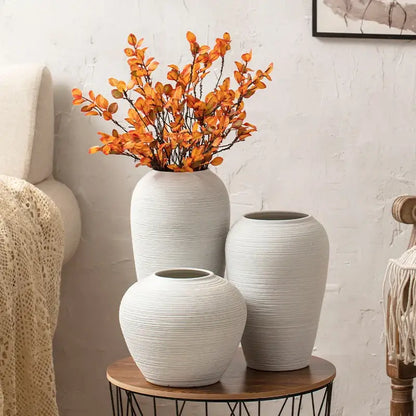 Japanese minimalist hydroponic vase set white ribbed ceramic dining room