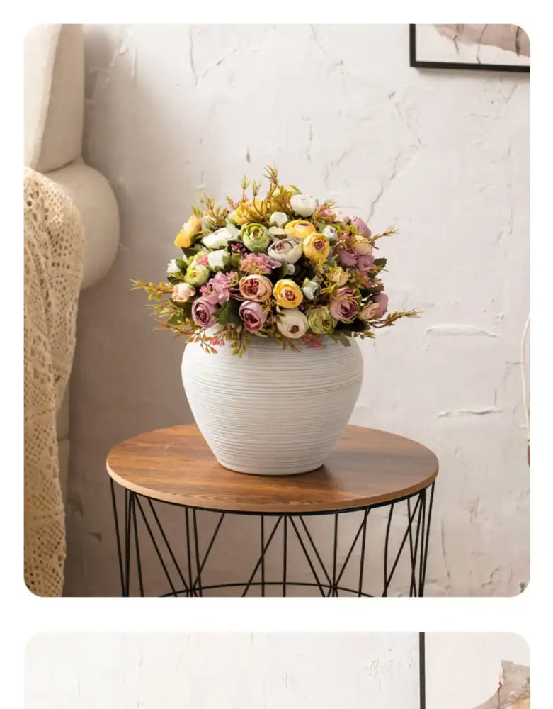 Japanese minimalist hydroponic vase set white ribbed ceramic dining room