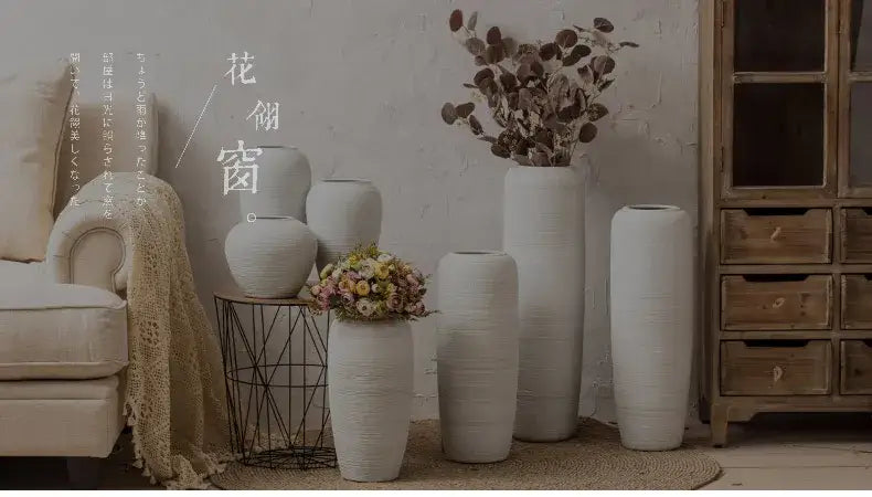 Japanese minimalist hydroponic vase set white ribbed ceramic dining room